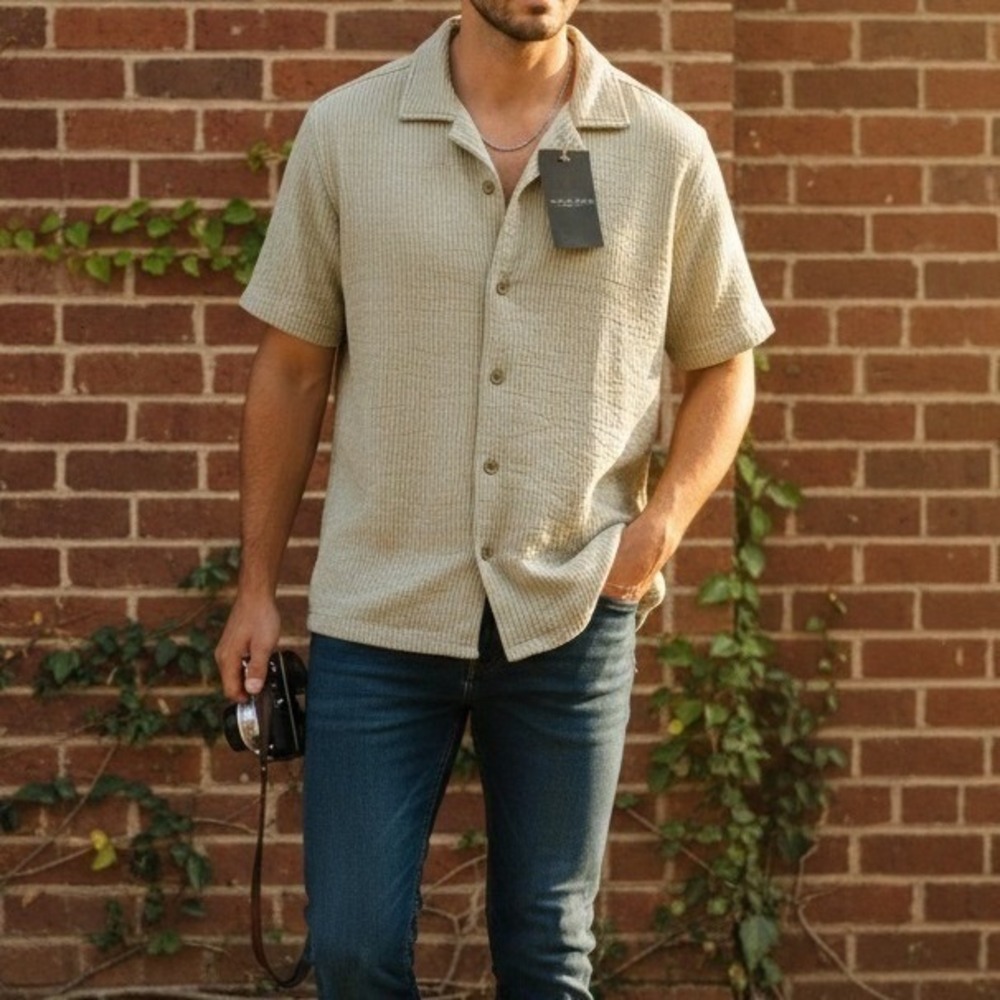 Rustic Souls Textured Camp Shirt Men Large Short Sleeve Quiet Luxury Casual Chic